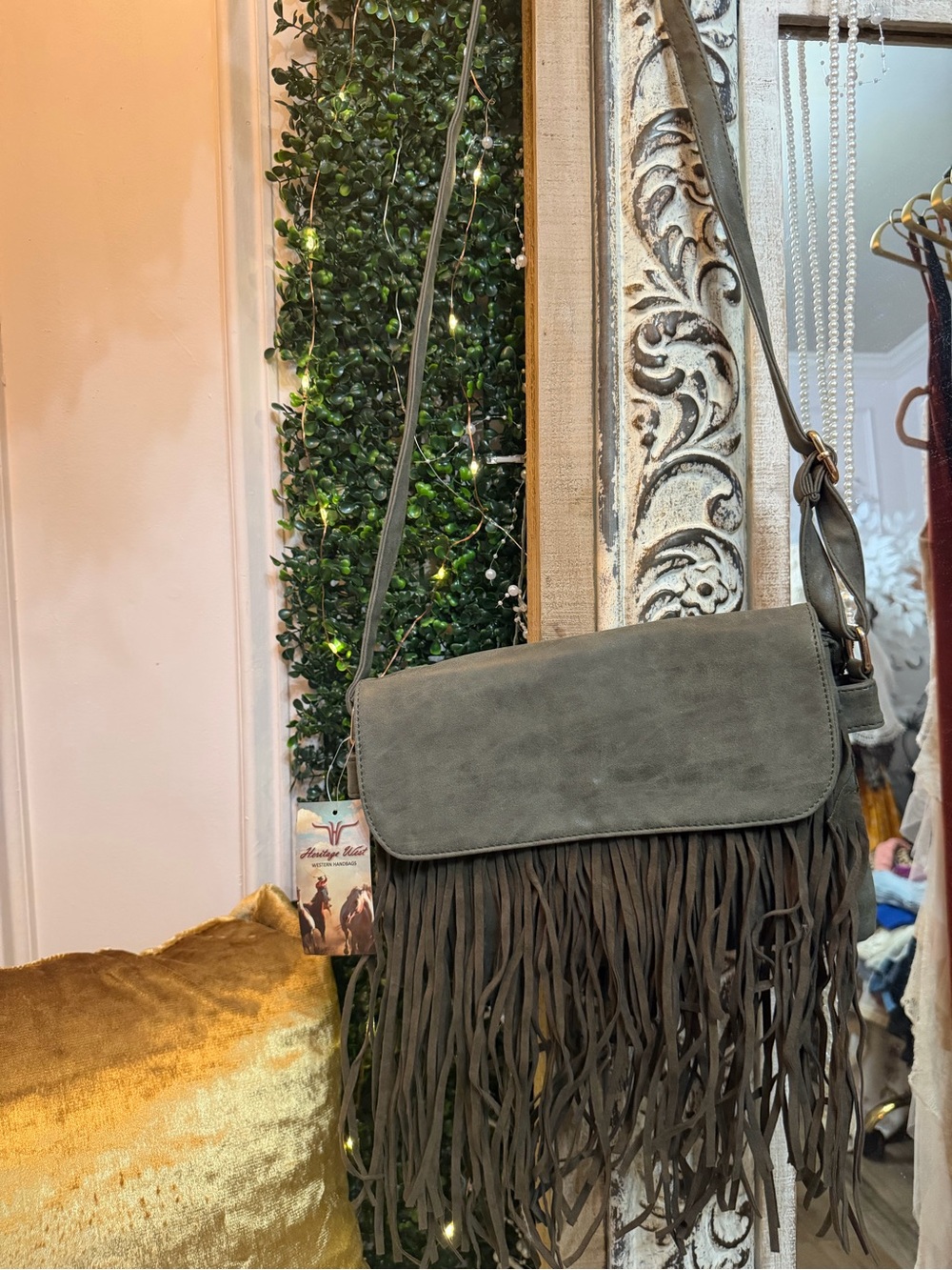Olive Green Suede Fringe Crossbody Bag by